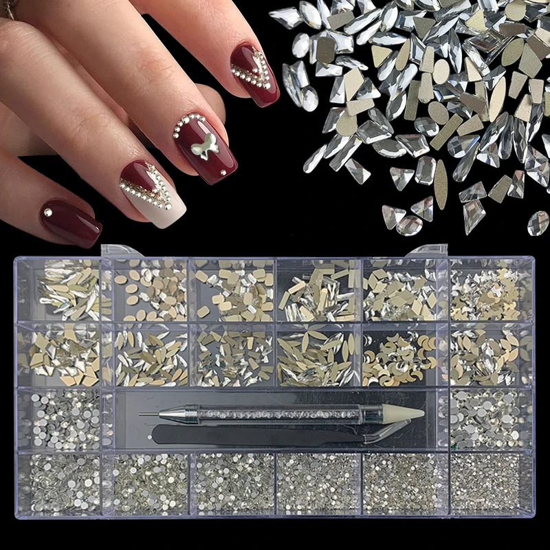 3100pcs Luxury Charms Nail Art Rhinestones Diamonds Kit Glass Crystals Decorations Set AB 1pc Pick Up Pen 21 Grids Acrylic Box