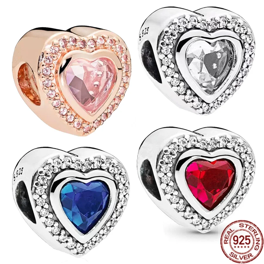 

Hot Sale 925 Sterling Silver Sparkling Transparent Blue Red Heart Gemstone Charm Bead Fit Original Pandora Bracelet Jewelry Gift