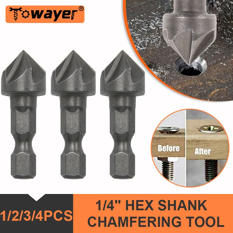 

Countersink Drill Bit Set 1/4'' Hex Shank Chamfering Tool Woodworking Hole Opener Angle Point Bevel Cutting Cutter Remove Bur