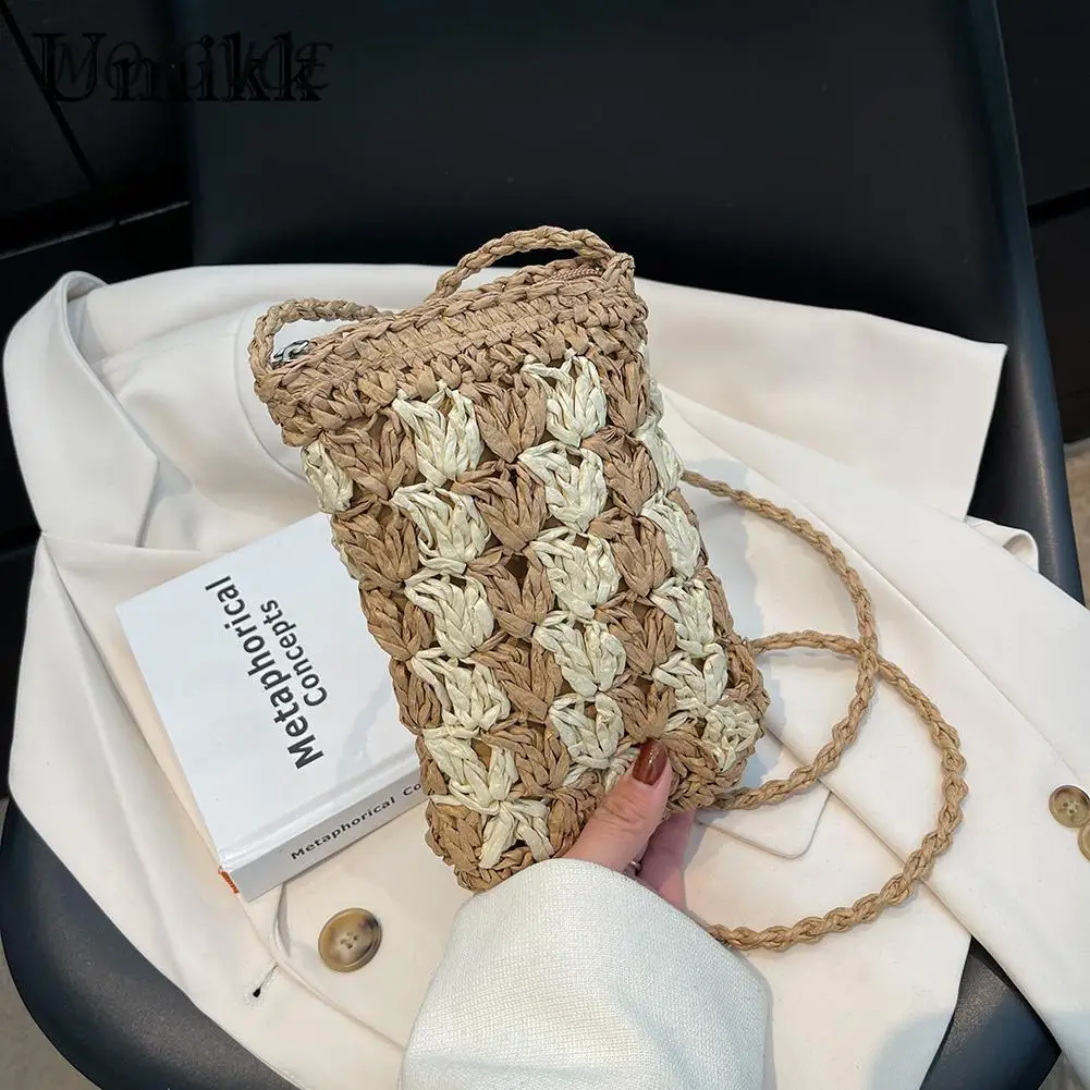 

Женские плетеные Соломенные Сумочки Ручной работы, модные маленькие корейские сумки-ведра с ручками, женский летний кошелек для путешестви...