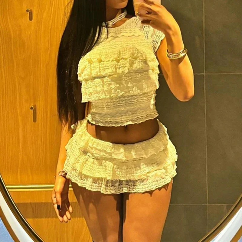 Y2K Aesthetic Fairy Coquette Outfits Lace Layered Ruffles Tank Tops + Mini Cake Shorts 2000s Retro Kawaii 2 Piece Set Crop