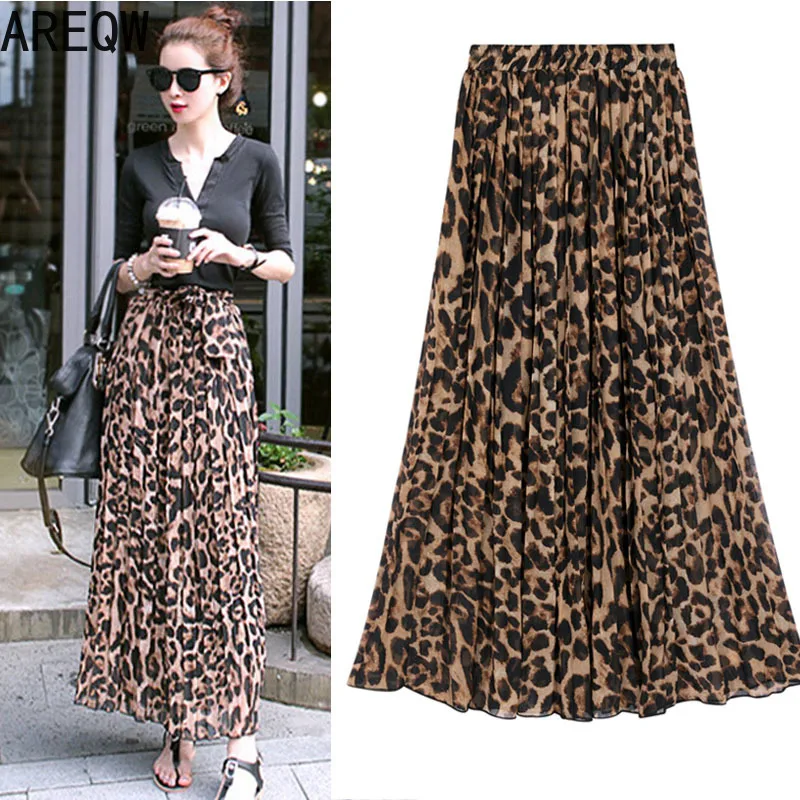 

2022 Summer Women Long Leopard Print Skirt Elastic High Waist Chiffon Pleated Slim Fit Casual Maxi Skirt