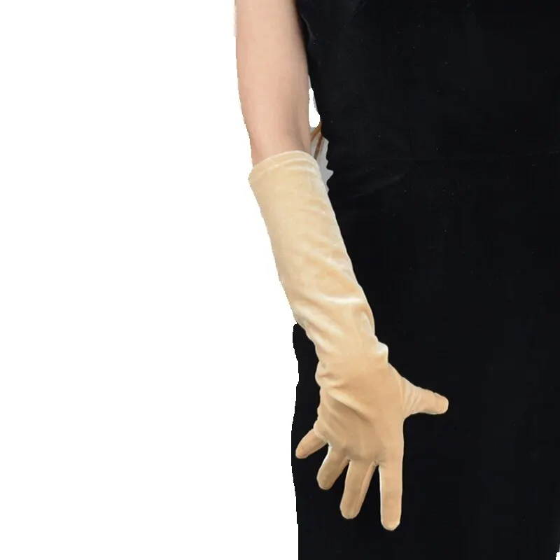 Velour Gloves 40cm Medium And Long Section Gold Nude Color Female High Elastic Swan Velvet Gold Velour Touchscreen Gloves WSR23