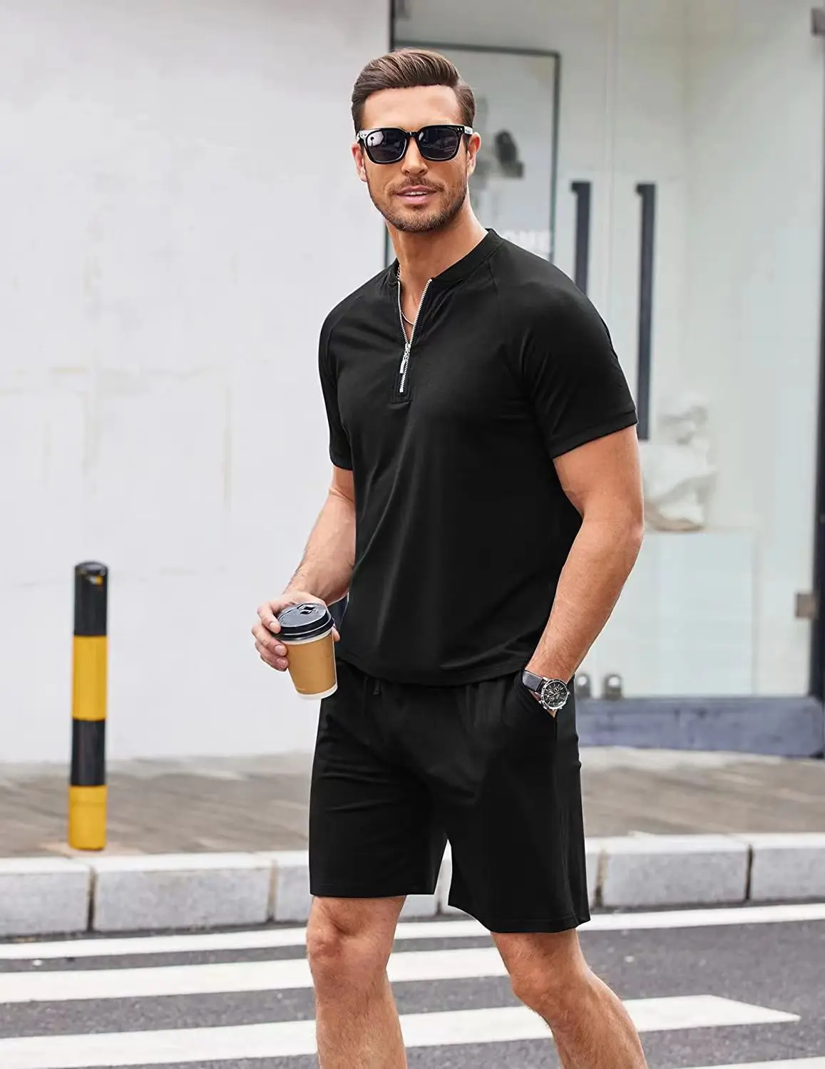 2023 Solid Color Casual Men's Suit Fashion Crewneck Zipper Polo Shirt and Shorts 2-Piece Set Street Men's Clothing Summer
