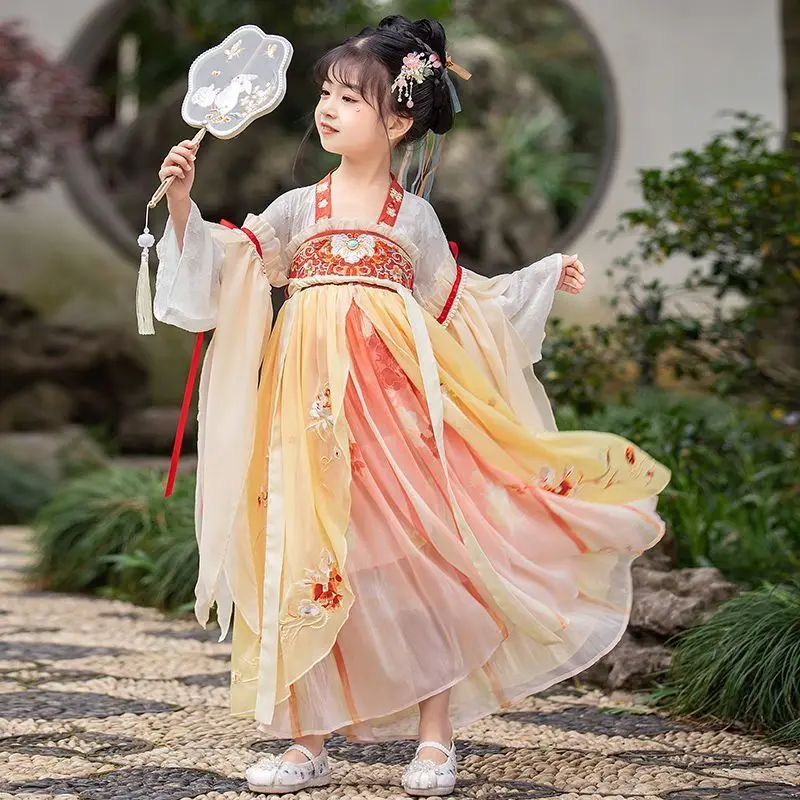 

Chinese Hanfu Dress Girls New Year Costume Ancient Hanfu Dress Children Carnival Fairy Cosplay Costume Orange Dress For Girls