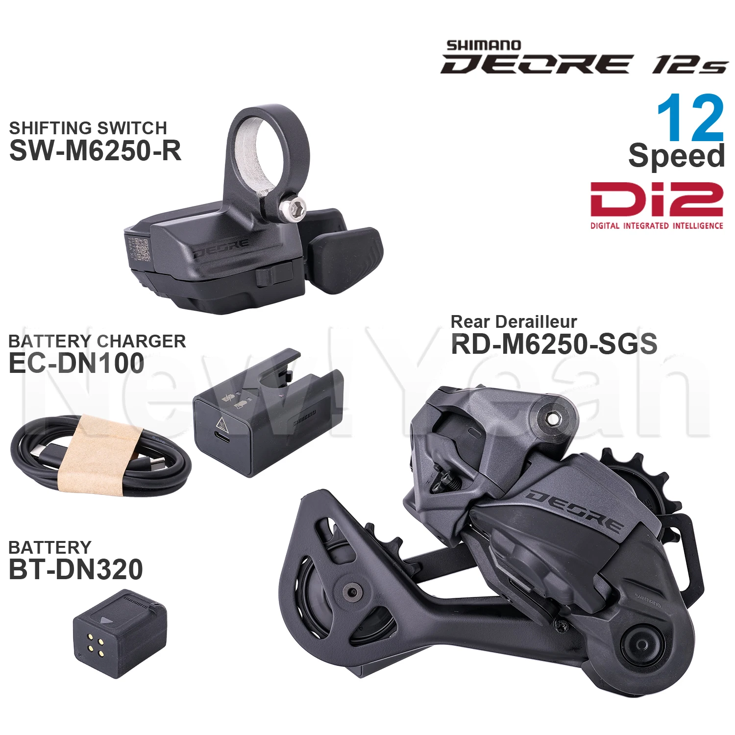 Фото Групсет SHIMANO DEORE M6200 SW-M6250-R RD-M6250 Di2 12-скоростной, EC-DN100 BT-DN320, оригинальные детали №1