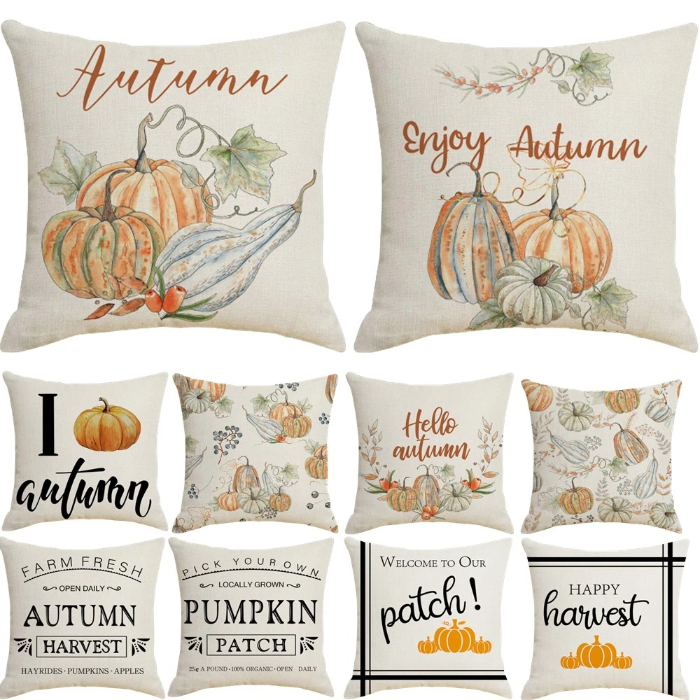 

The Fall Harvest Festival Linen Pumpkin Maple Leaf Print Cushion Cover 18" Car Farmhouse Thanksgiving Decorative Pillow Cover