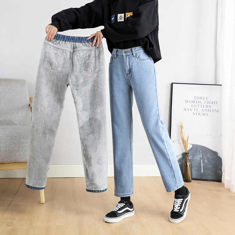 

Зимние теплые модные женские повседневные брюки-карандаш, плотные бархатные женские джинсы, узкие прямые джинсы с высокой талией