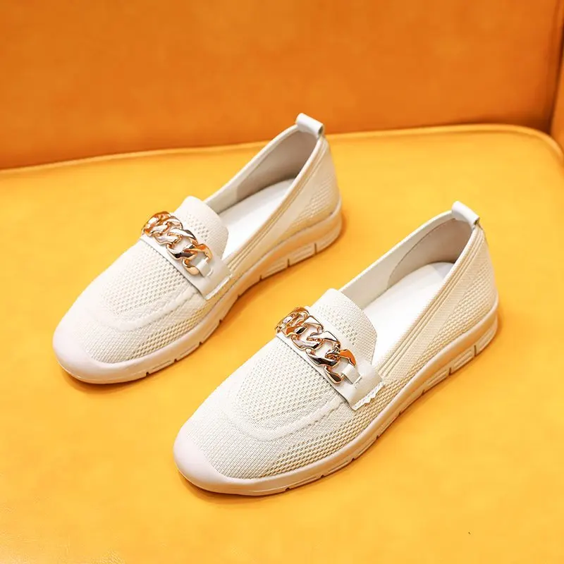 

Женские лоферы с цепочкой, повседневные тканевые туфли на плоской подошве, с круглым носком, без застежки, дышащие удобные прогулочные туфл...