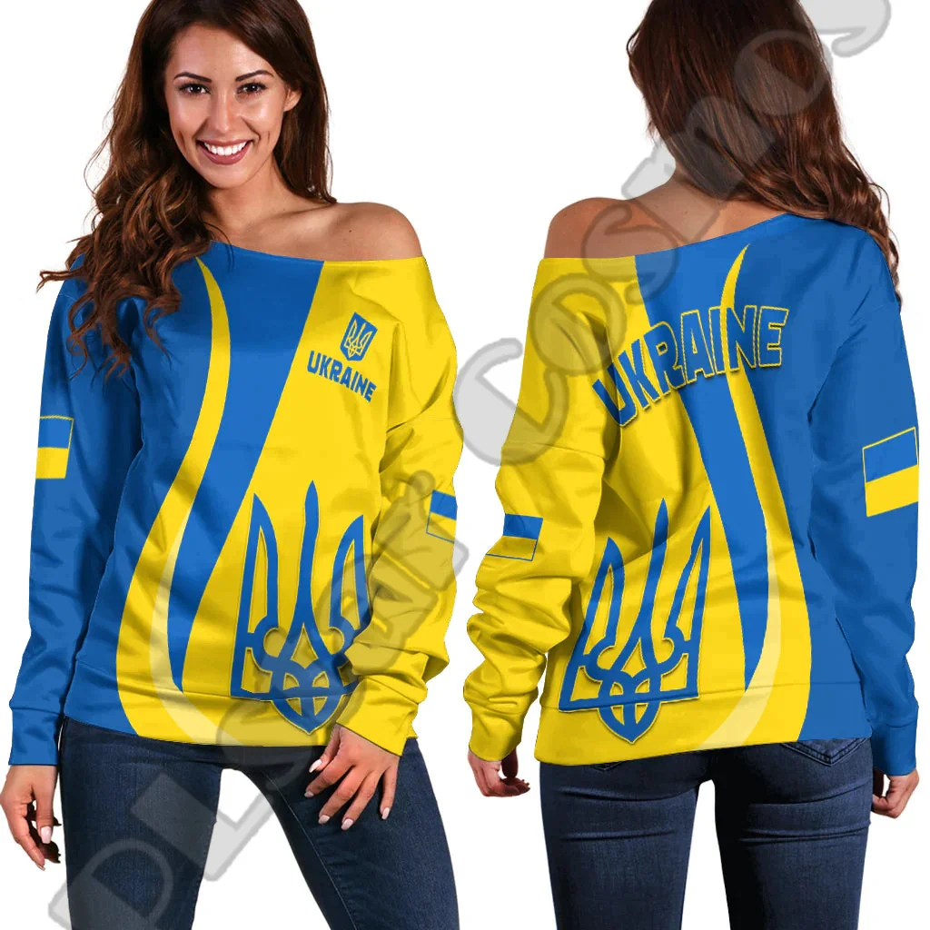

Country Flag Ukraine Custom Name Tattoo Vintage Retro 3DPrint Harajuku Casual Funny Women Off Shoulder Sweatshirts Long Sleeve L