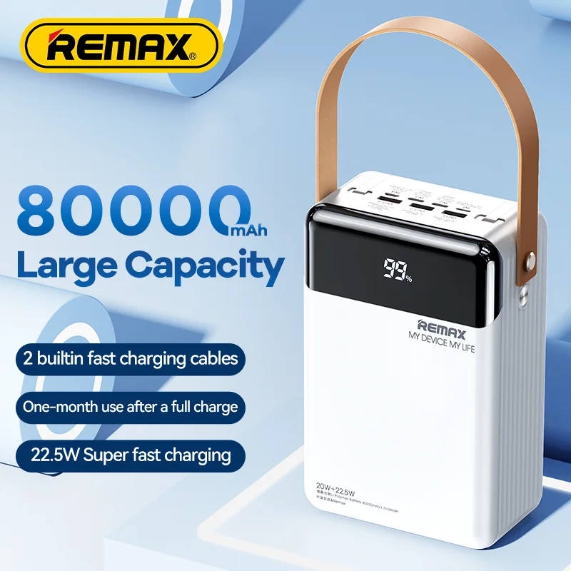 

Remax 22.5W 80000mAh PowerBank Large Capacity PD20W LED Fast Charging External Battery For iPhone Huawei Built in 2 Cables