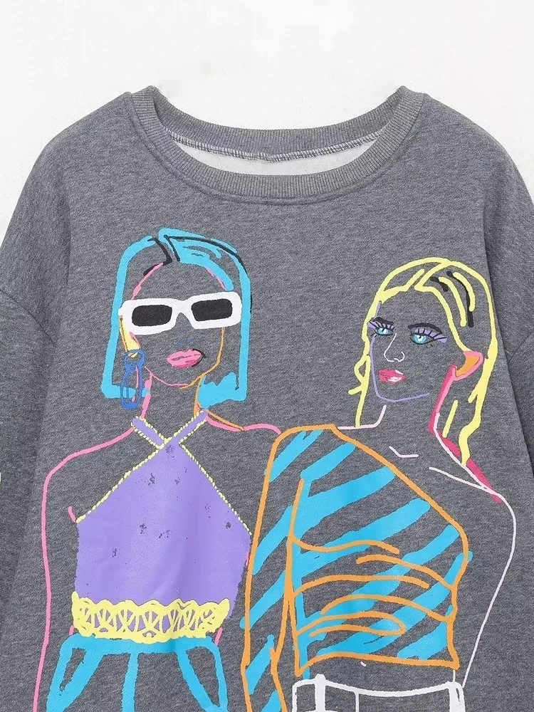 Jenny&Dave 2023 High Street Vintage Fashion Girls Print O-neck Pullovers Plush Winter Sweatshirts Women Tops