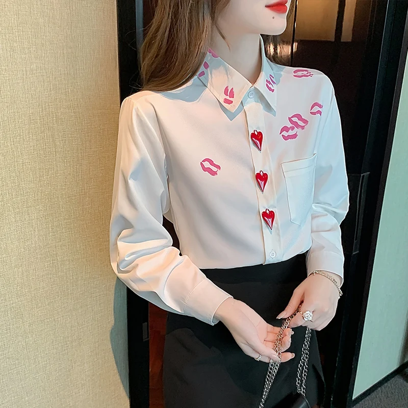 

New Summer Shirt Women Blouse Long Sleeve Satin Lapel Korean Fashion Red Lip Print Houthion