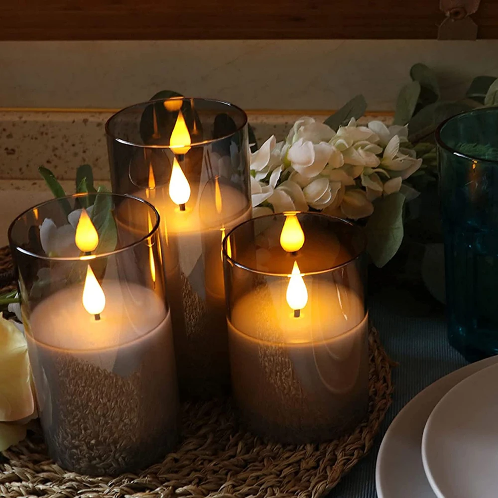 

3Pcs Eid Al-Fitr LED Candle Lights Easter Remote Control Golden Glass Candles Warm Light Battery Powered Candles Wedding Decor