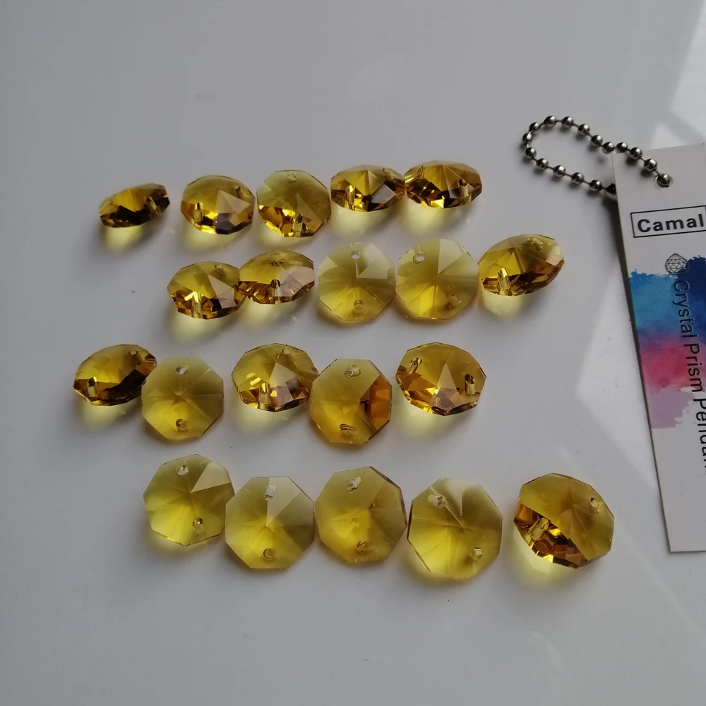 Camal 20pcs Gold Yellow 14mm Crystal Octagonal Loose Bead Two Holes Prisms Chandelier Lamp Parts Wedding Centerpiece Hanging images - 6