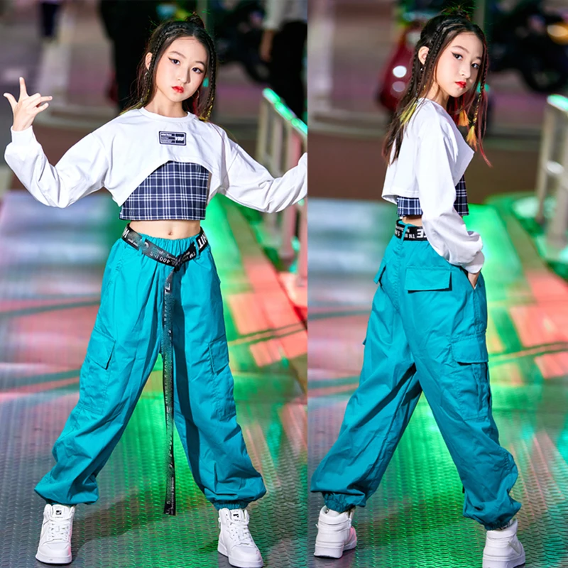 

Детские танцевальные костюмы для девочек, белый короткий топ и штаны-джоггеры, Одежда для танцев в стиле хип-хоп, одежда для выступлений, DN11571, 2022