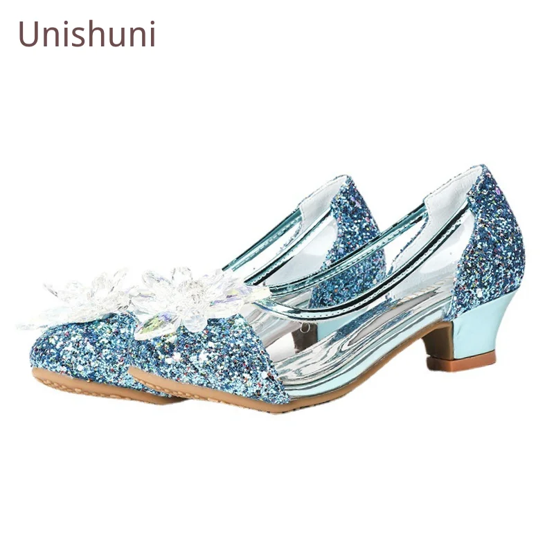 Girls Mary Jane Glitter Shoes Low Heel Princess Flower Wedding Party Dress Pump Shoes for Kids Toddler Bling Crystal Dress Shoe