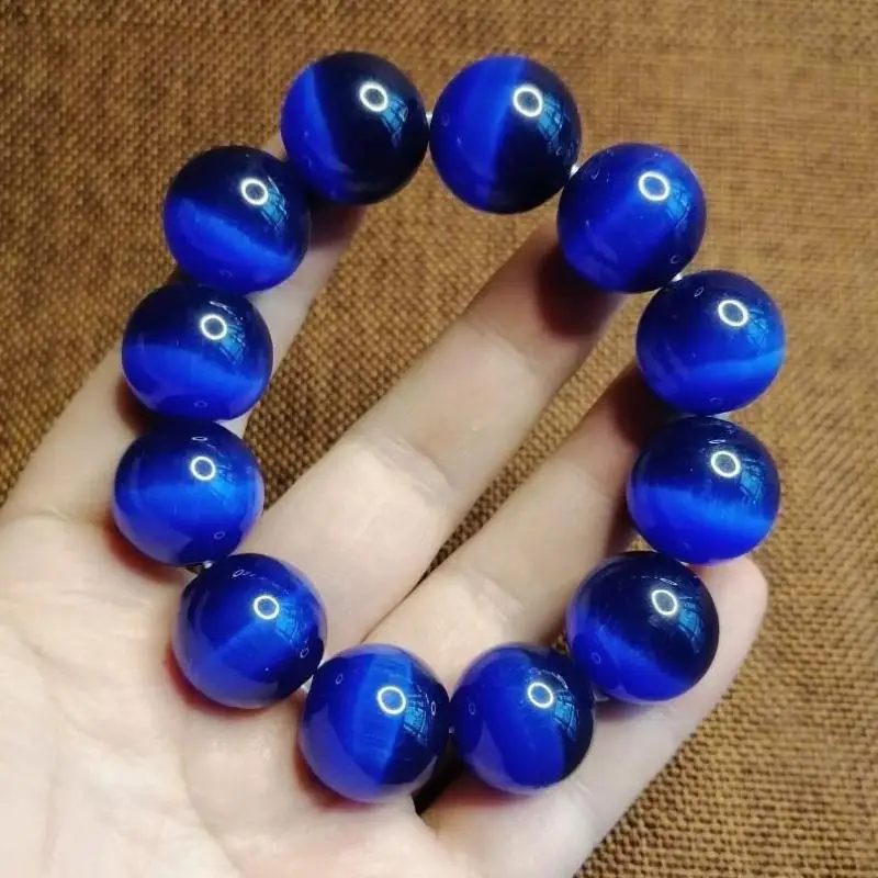 

Natural Cat Eye Stone Bracelet Blue Gemstone Bangle Men Women Healing Jewelry Opal Round Beads Elastic Beaded Amulet Bracelets