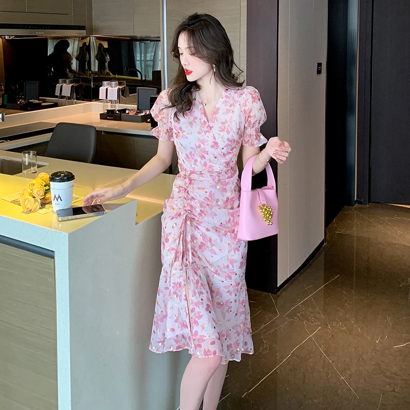 

COIGARSAM Women One Piece Korea Dress Summer New Chiffon V-Neck Brief Paragraph Long Dresses Dropshipping