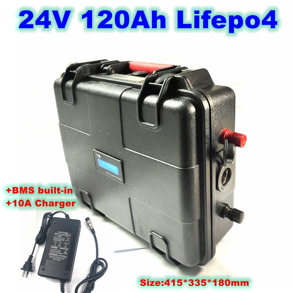 

24V 120Ah 100Ah LiFepo4 lithium rion battery pack with BMS 150A for fishing boat motor AGV car truck Marine Caravan +10A charger
