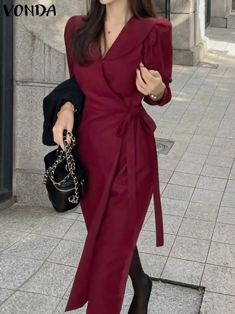 

VONDA Summer Dress 2023 Women Fashion Casual Long Sleeve Loose Solid Color Elegant OL Style Midi Sundress Lapel Bandage Robe