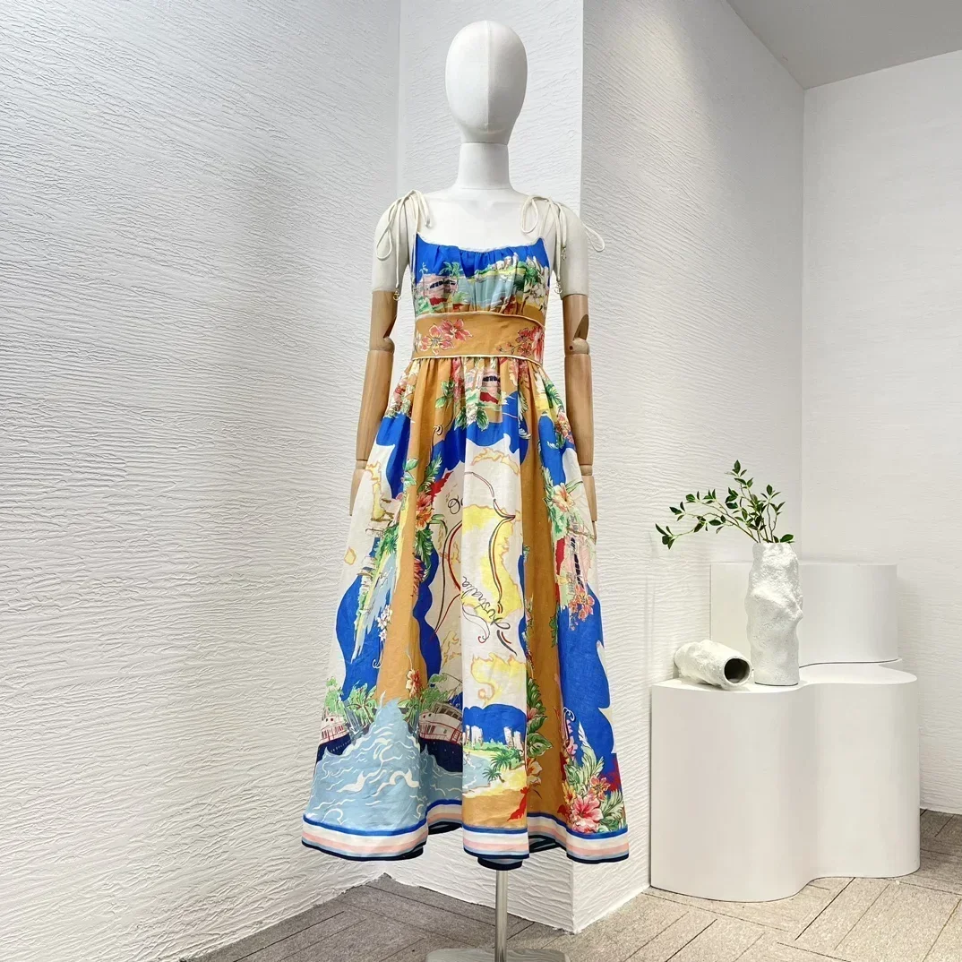 

Top Quality 2023 Spring Summer New Beach Style Hand Painting Printing Folds High Waist Midi Slip Dresses Women