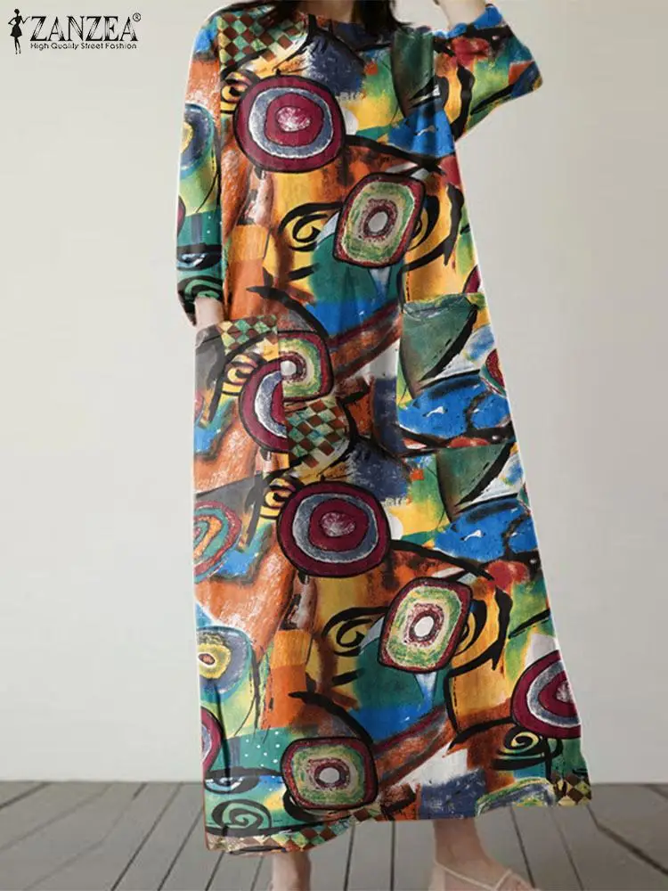 ZANZEA 2024 осеннее винтажное мешковатое платье с длинным рукавом сарафан кафтан