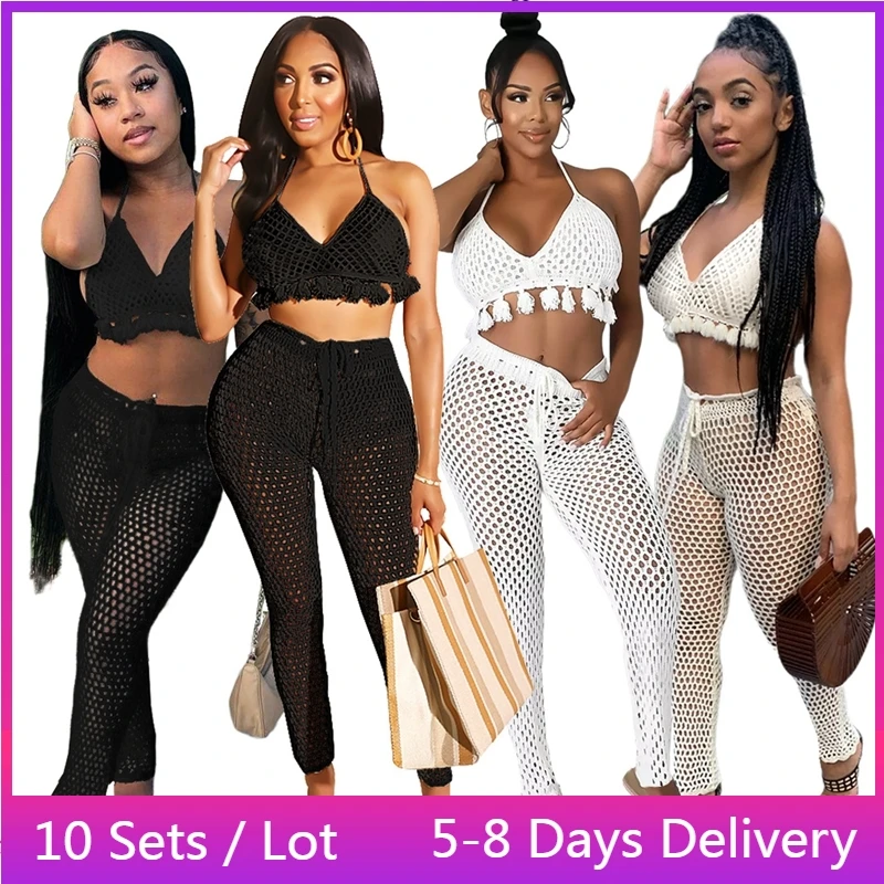 

Wholesale Items Hollow Out Beach Outfits for Women Knit Crochet Sexy Two Piece Set Tassels Bra Top and Pants Set Summer Clothing