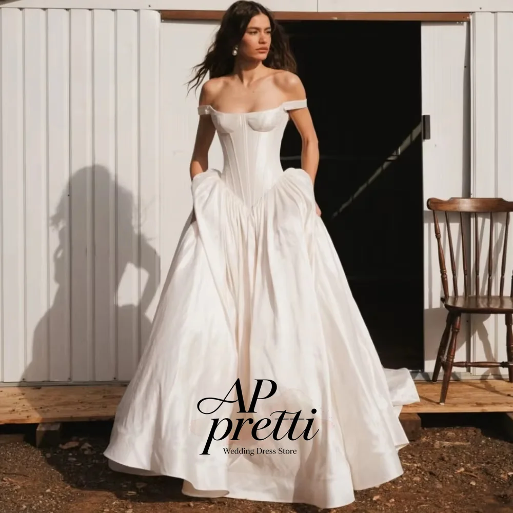 Фото Классическое свадебное платье AP Pretti из атласа цвета слоновой кости с открытыми плечами, А-силуэт, плиссированное, на заказ, Vestidos De Novia №2