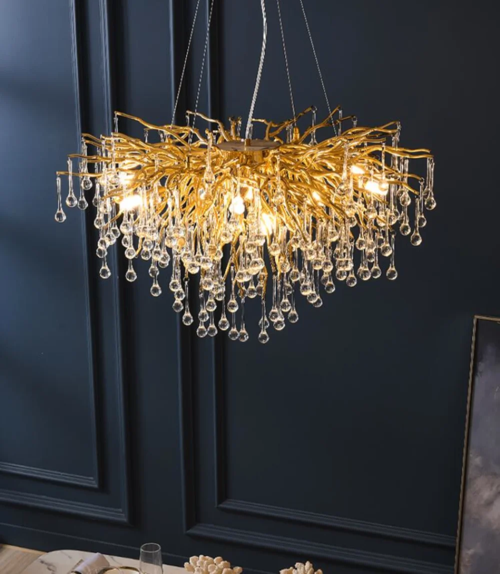 

New Modern Crystal Chandelier Luxury Golden Branch Crystal Chandelier Living Room Hotel Lobby Round Decoration Light