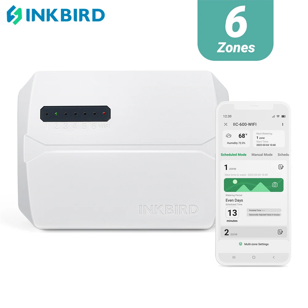 INKBIRD IIC-600-WiFi 6 Zones Smart Sprinkler Controller Auto Irrigation Controller Supports Rain Skip Seasonal Adjustment Indoor