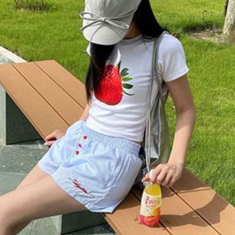 2024 базовый женский укороченный топ с короткими рукавами и милым клубничным