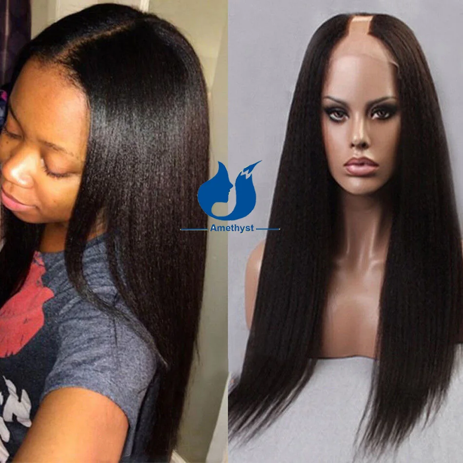 Light Yaki Straight 1X3 U Part Human Hair Wigs Brazilian Remy U Shaped No Leave Out Glueless U-Part Wigs For Black Women