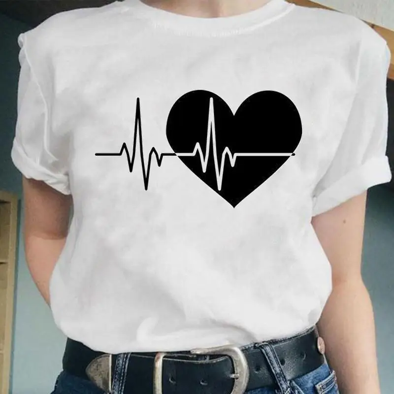 

Women Love Heartbeat Valentine Spring Short Sleeve Lady Tees Female Fashion Cartoon Clothes Print Tops Tshirt Graphic T-Shirt