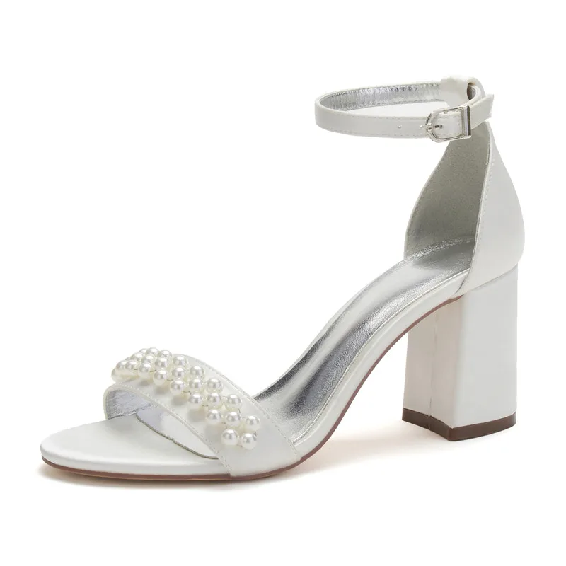 

Satin Pearl Block Heel Wedding Sandals for Bride Open Toe Chunky Heels Bridal Shoe Prom Evening Formal Party Dress Heeled Sandal