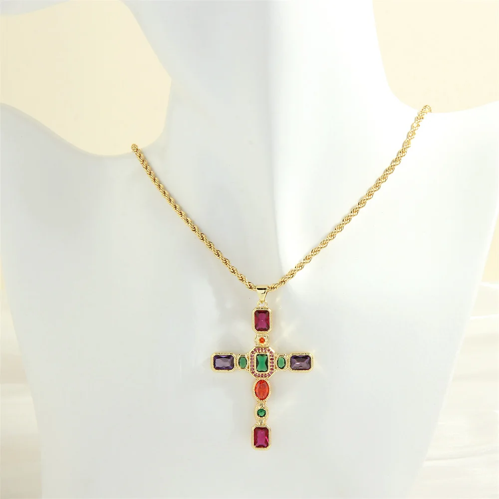 

New Delicate Colorful Zircon Cross Necklace For Women Lucky High Quality Gold Plated Copper Choker Jewelry Accessories Wholesale