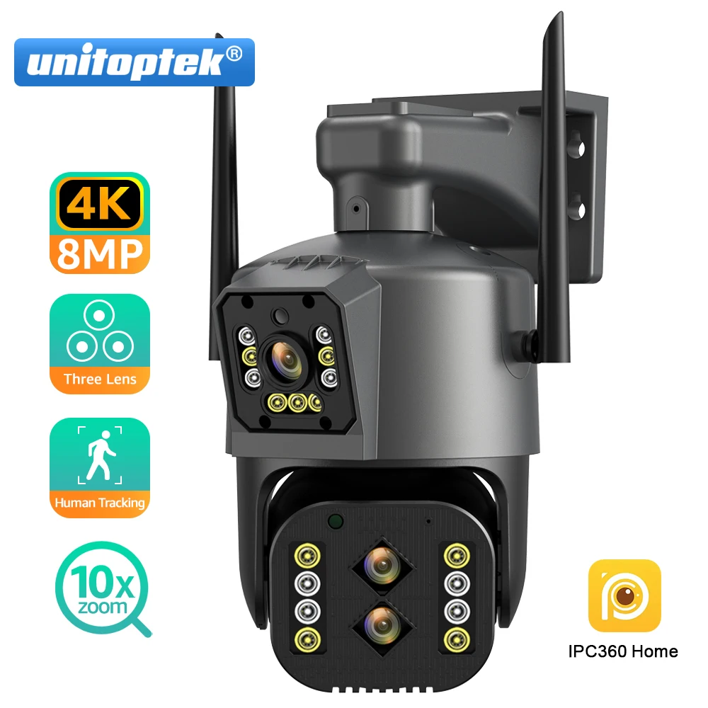 

Unitoptek 4K 8MP PTZ IP камера с тремя объективами, двойной экран, WiFi, наружная камера безопасности, обнаружение человека, автоматическое отслеживание, 10X оптический зум