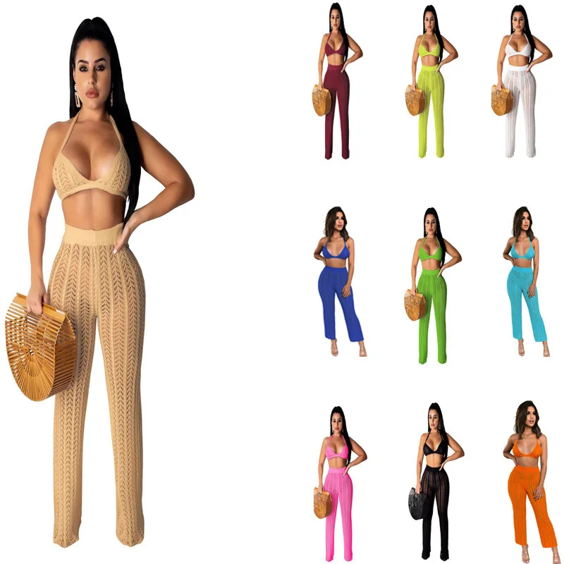 

Knitted Women 2pcs Set 2022 New Sexy Mesh Hollow Perspective Crop Tops High Waist Pants Suit Women's Fashion Sexy Two Pices Set