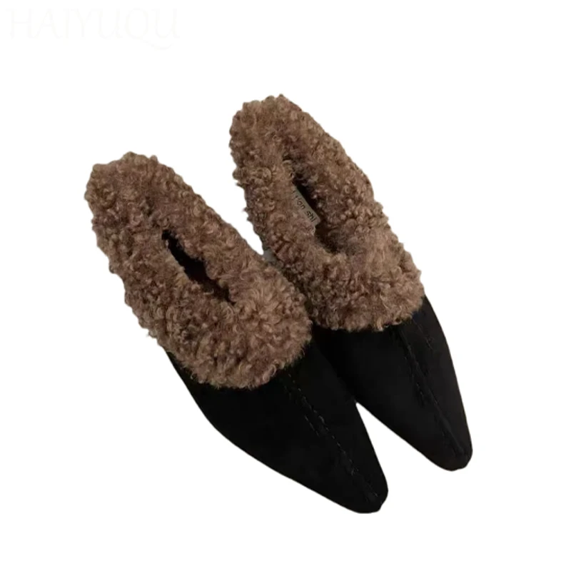 Женские замшевые хлопковые туфли на меху с острым носком плоской подошве женские