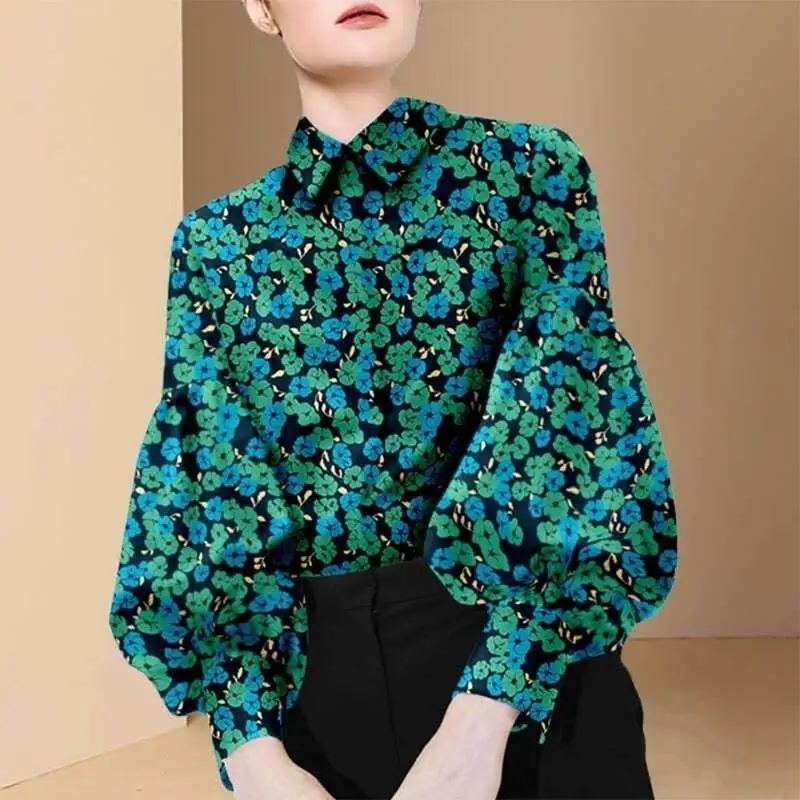 Vintage Printed Lantern Loose Sleeve Shirt Women's Clothing Casual Tops Long Sleeve Office Lady Blouse