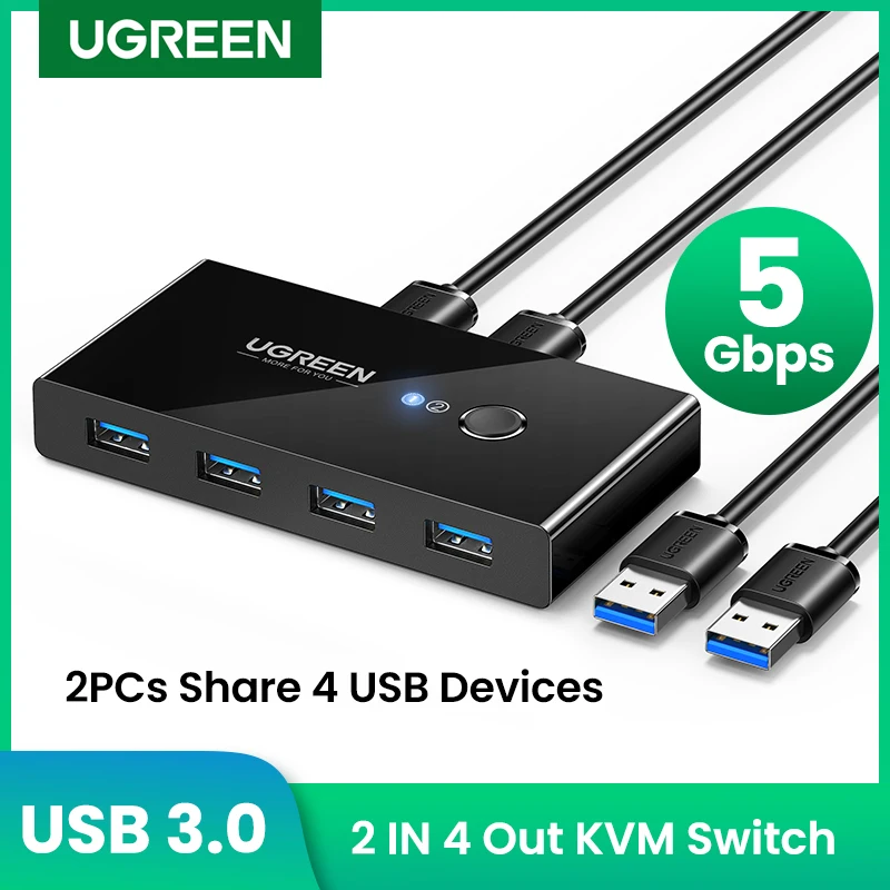 KVM-переключатель UGREEN USB 3,0 2,0 для ПК, ноутбуков, 2 компьютера, совместное использование 4 USB-устройств, периферийный коммутатор с клавиатурой