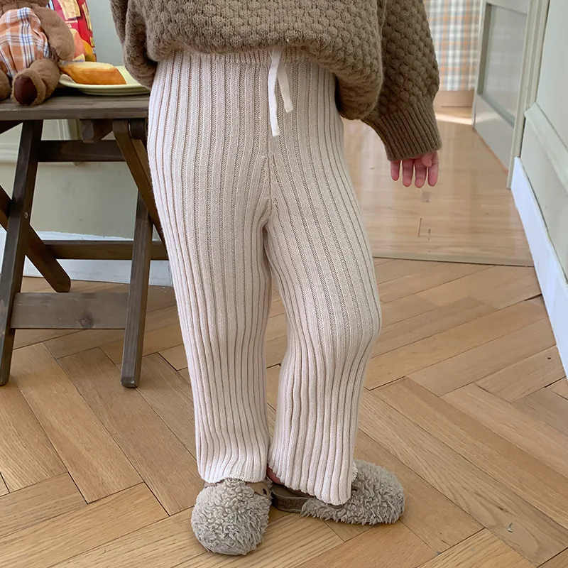 

RiniKinda Korean Children's Pants 2022 Girls Autumn New Solid Knitting Cute Wide Leg Pants Children's Soft Elastic Pants