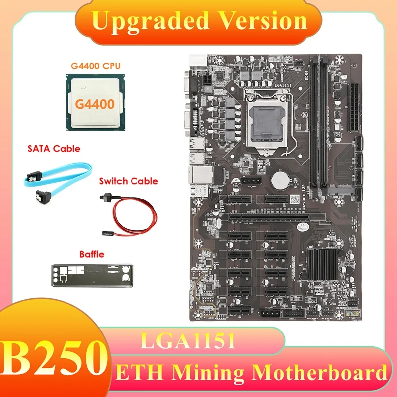 B250B ETH Mining Motherboard+G4400 CPU+SATA Cable+Baffle+Switch Cable LGA1151 DDR4 12XGPU Slot MSATA For BTC