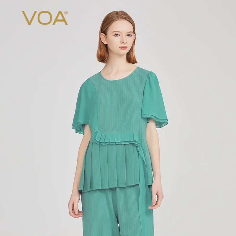 

(Fans Exclusive Discount) VOA Silk Heavyweight O-neck Flare Short Sleeve Tops Women Wooden Ear Edge T-shirt Summer 2023 BE1539