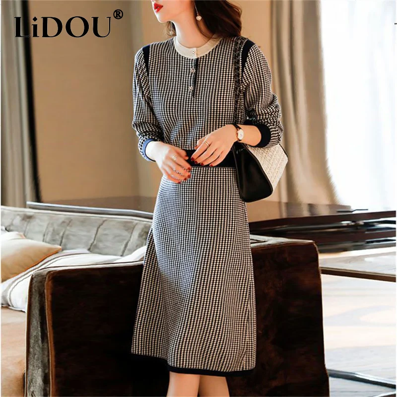 

Autumn Winter Korean Style Vintage Plaid Waist Casual Dress Women Elegant Fashion Slim Dresses Ladies Vestidos De Fiesta Robe