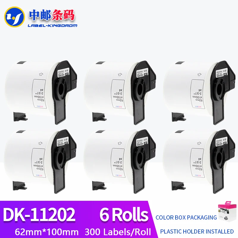 

6 Rolls Generic DK-11202 Label 62mm*100mm 300Pcs Compatible for Brother Thermal Printer All Come With Plastic Holder DK-1202