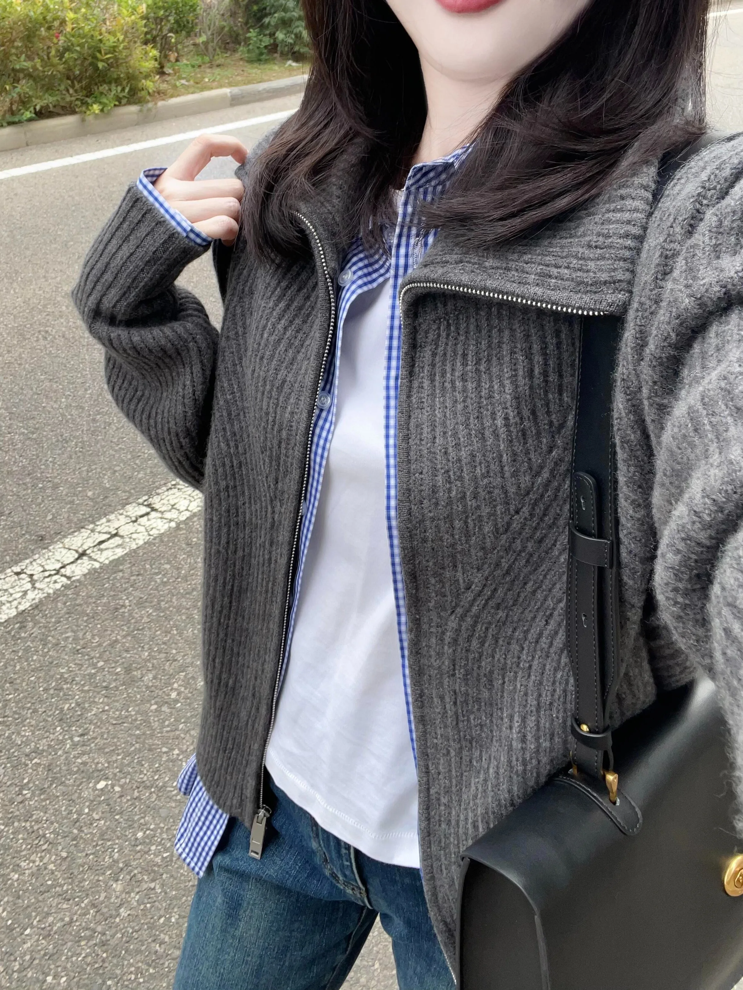 Gray Lapel Zip-up Knit cardigan Outerwear Women Autumn and Winter Long sleeve High-Grade Sense Outer Wear Loose Slimming Lazy... |