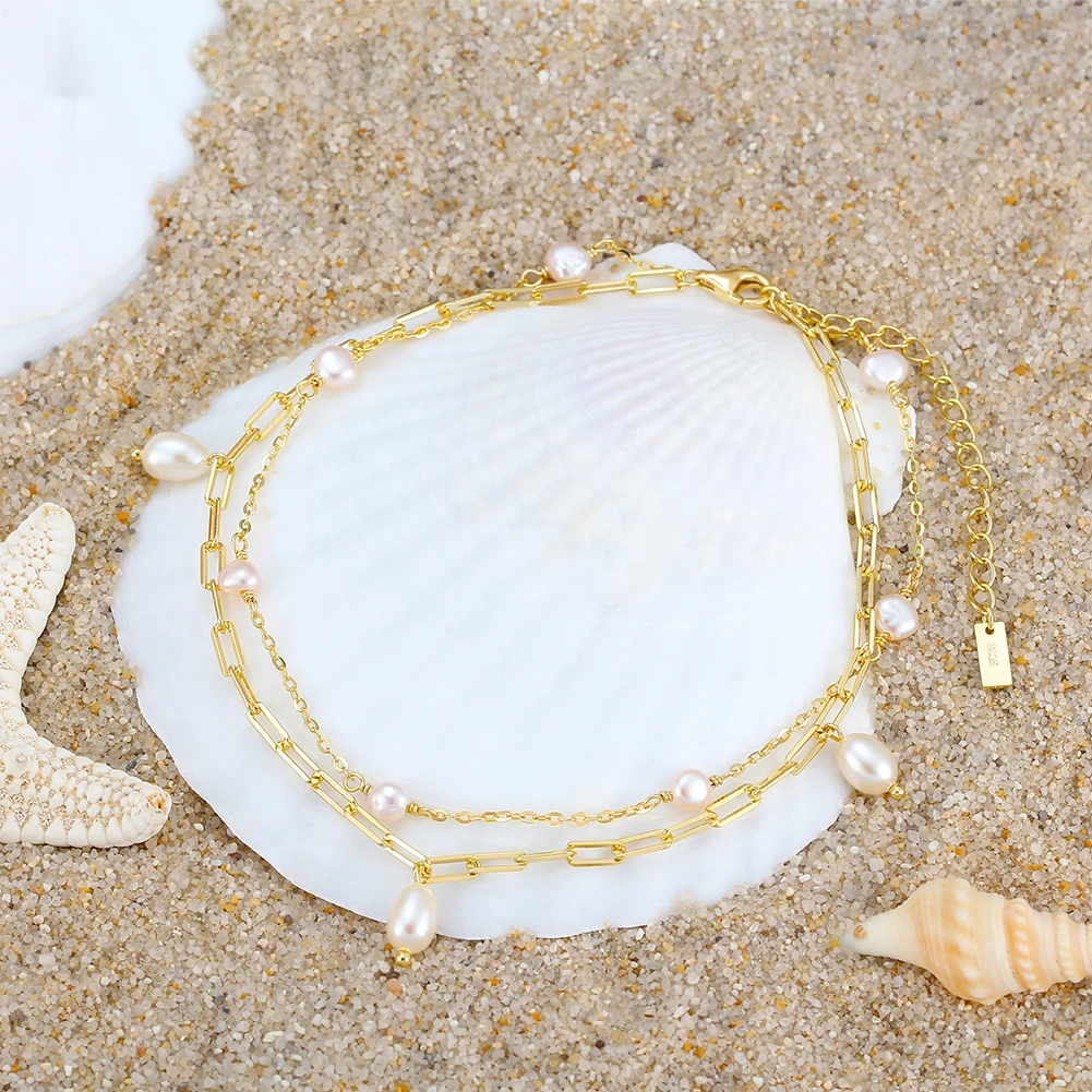 Женская цепочка из серебра 925 пробы с натуральным пресноводным жемчугом