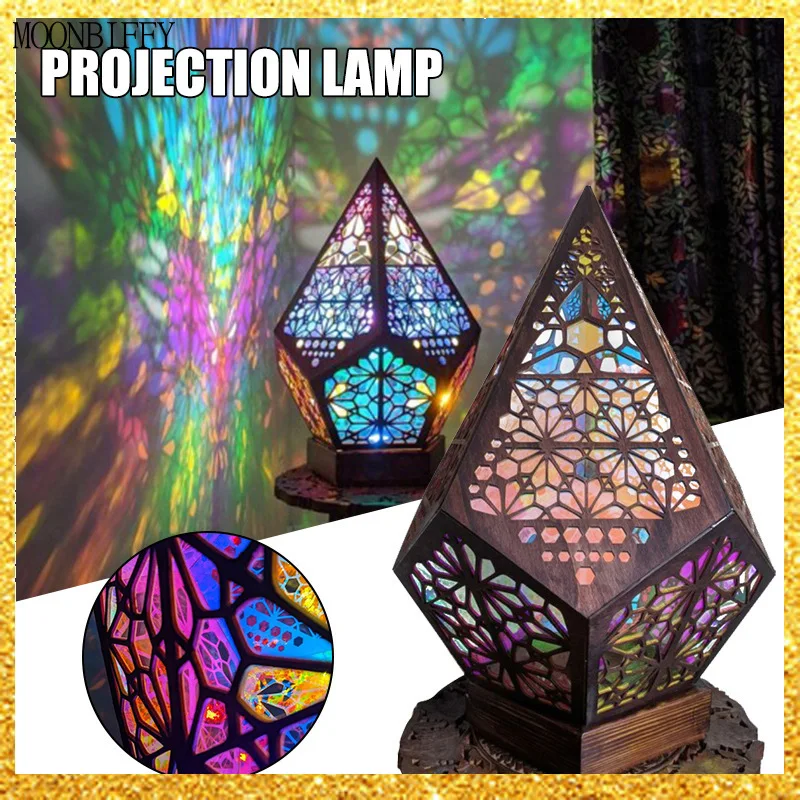 

Wooden Polar Star Diamond Lamp LED Projection Bohemian Decorative Lamp Geometric Light Home Decor Bedroom Bedside Standing Lamp