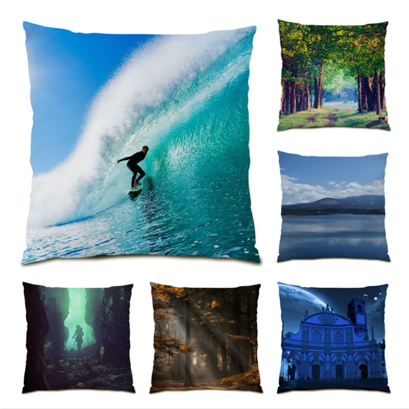 

Sofa Decorative Cushion Covers Velvet Ornamental Pillows for Living Room Nature Landscape Home Decor Beautiful Pillowcase E0813